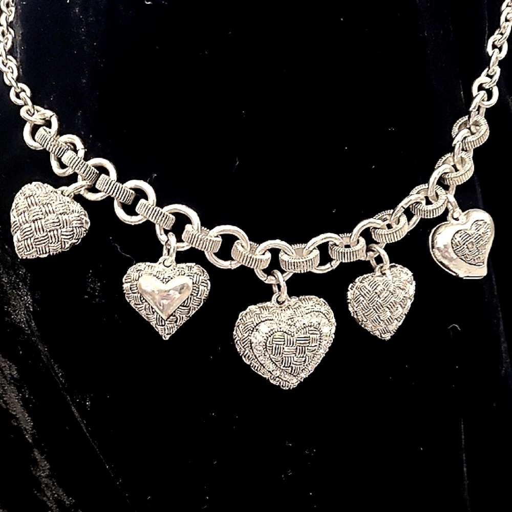 Vintage Silver Puffy  Heart Charm Necklace